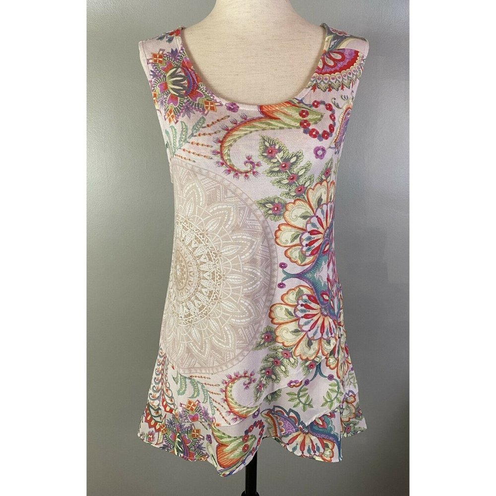 EUC - Desigual Multi Color Graphic Tank Top Sz M Jersey Knit Rhinestones